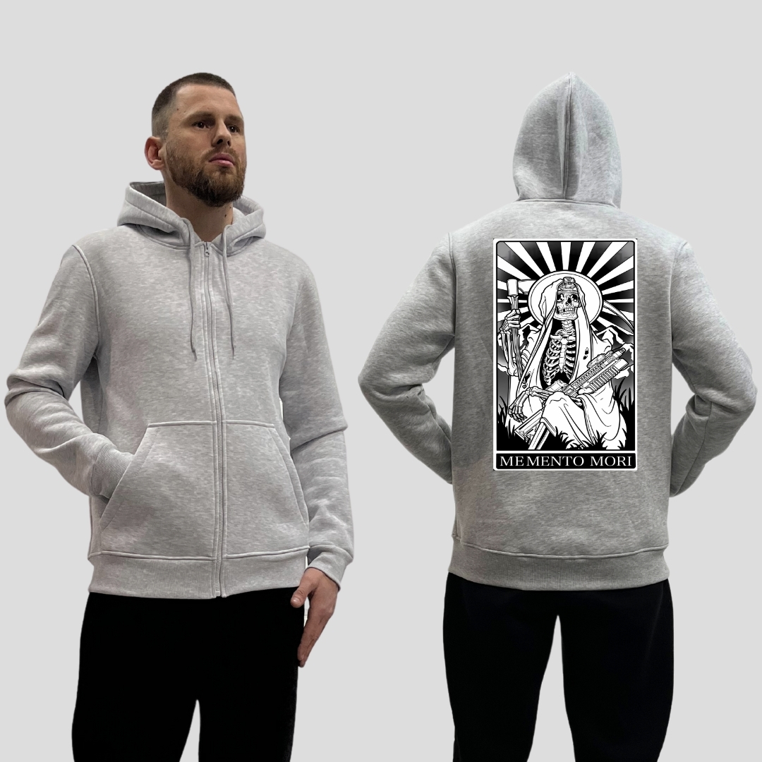 Чоловічий зіп-худі на флісі з принтом Sunset Goons Карта Таро memento mori скелет снайпер, Сірий