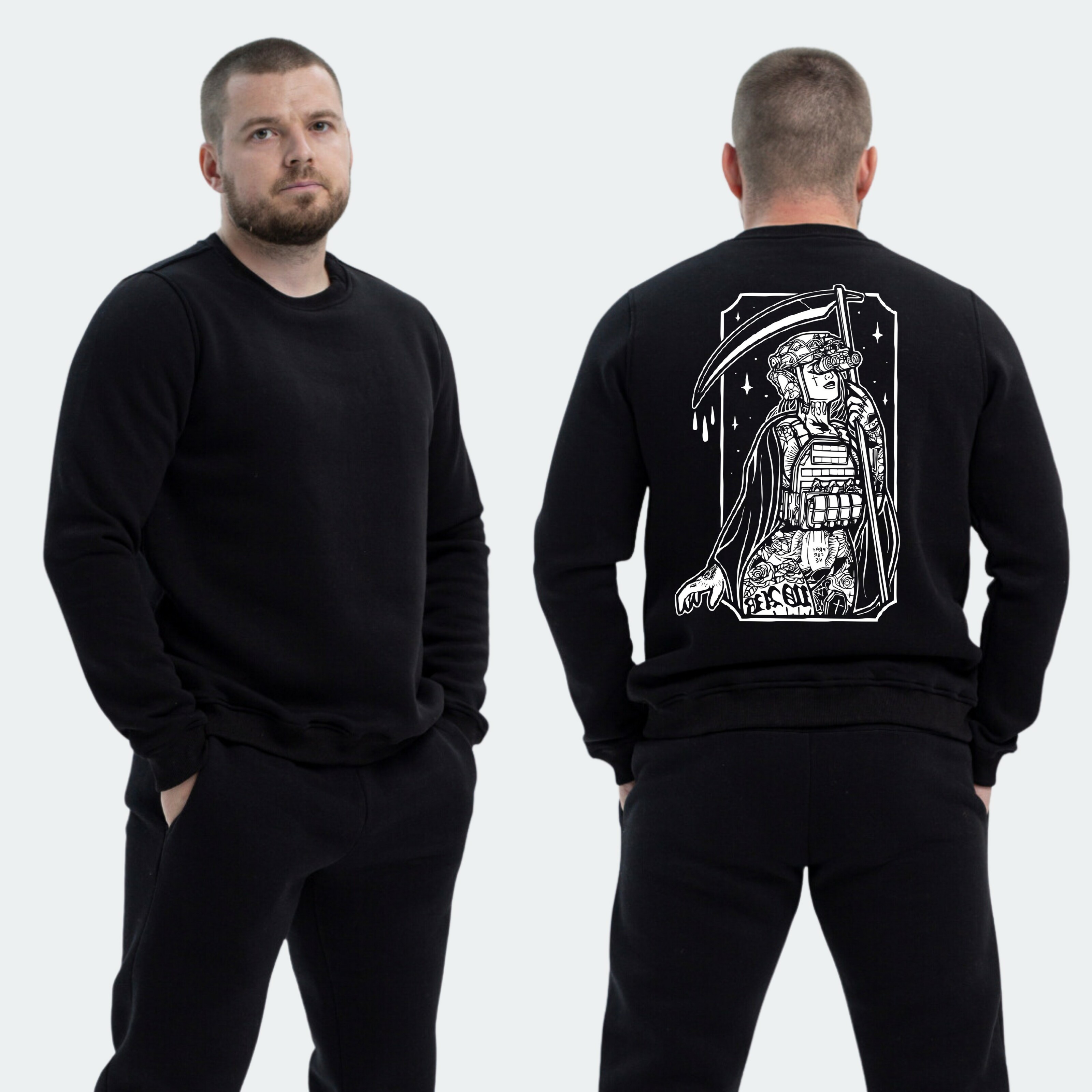 Чоловічий світшот на флісі з принтом Sunset Goons військова дівчина з косою, Чорний