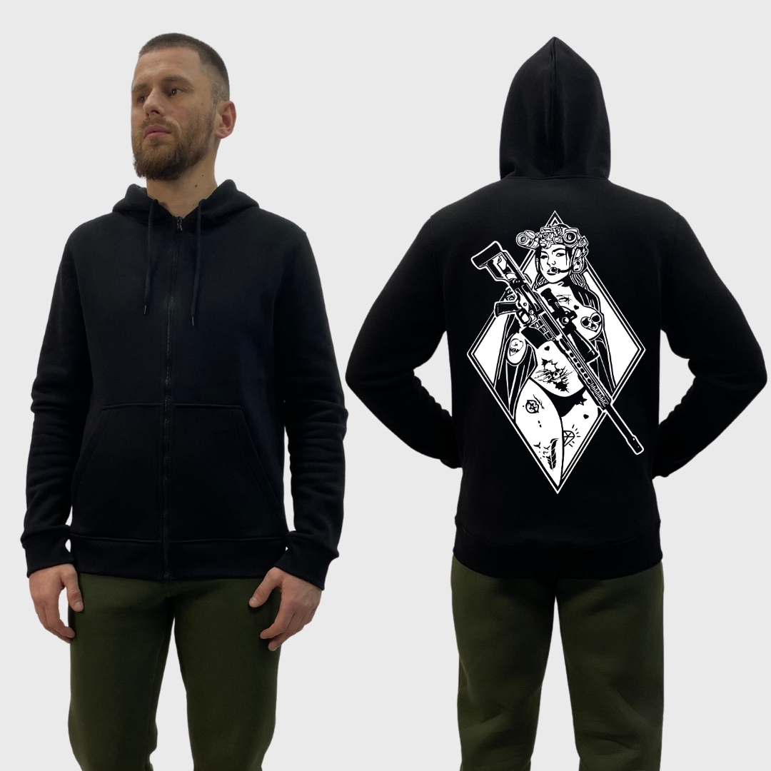 Чоловічий зіп-худі на флісі з принтом Sunset Goons військова дівчина з мікрофоном та автоматом, Чорний