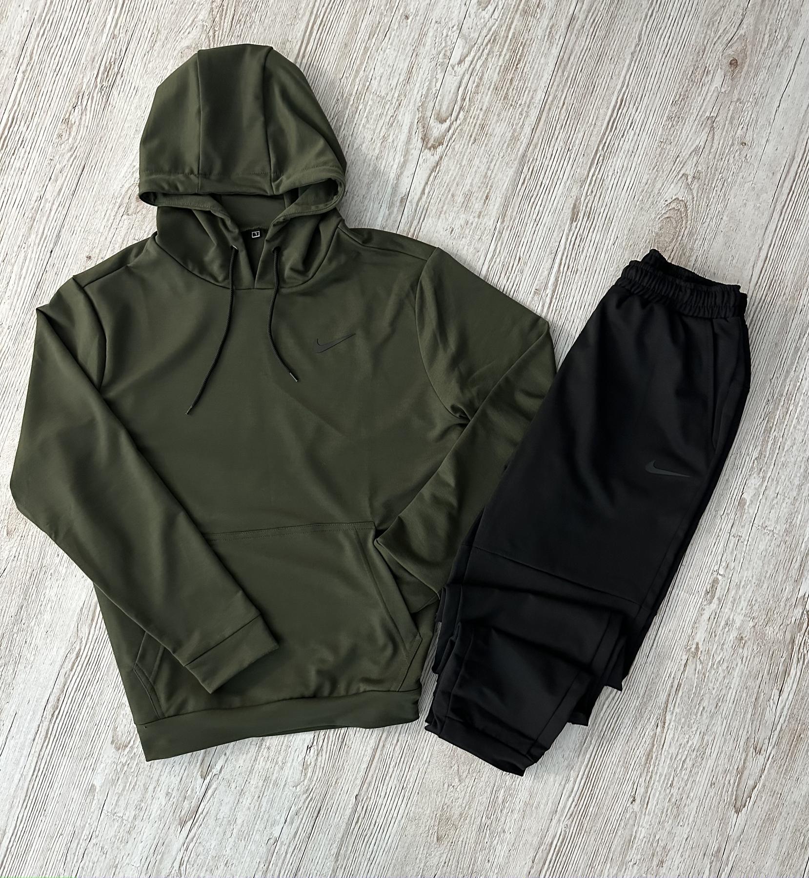 Демисезонный спортивный костюм Nike худи хаки + штаны (двонитка) + Футболка белая Nike мужской двунитка модный