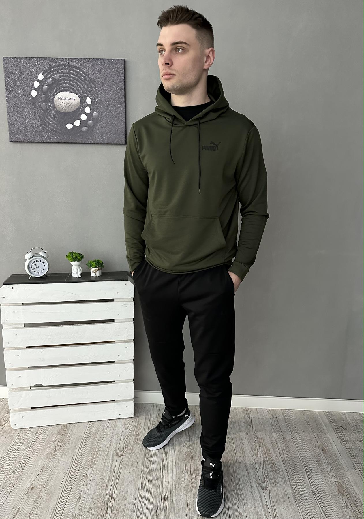Демисезонный спортивный костюм Puma худи хаки + штаны (двонитка) + Футболка белая Puma мужской двунитка