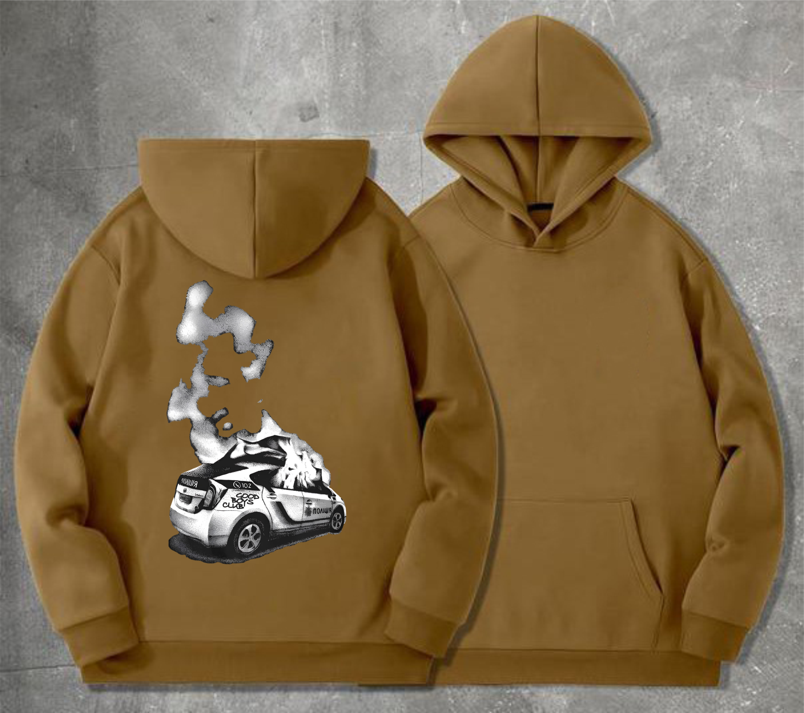Худі чоловічий на флісі з принтом Машина горить поліція , Койот