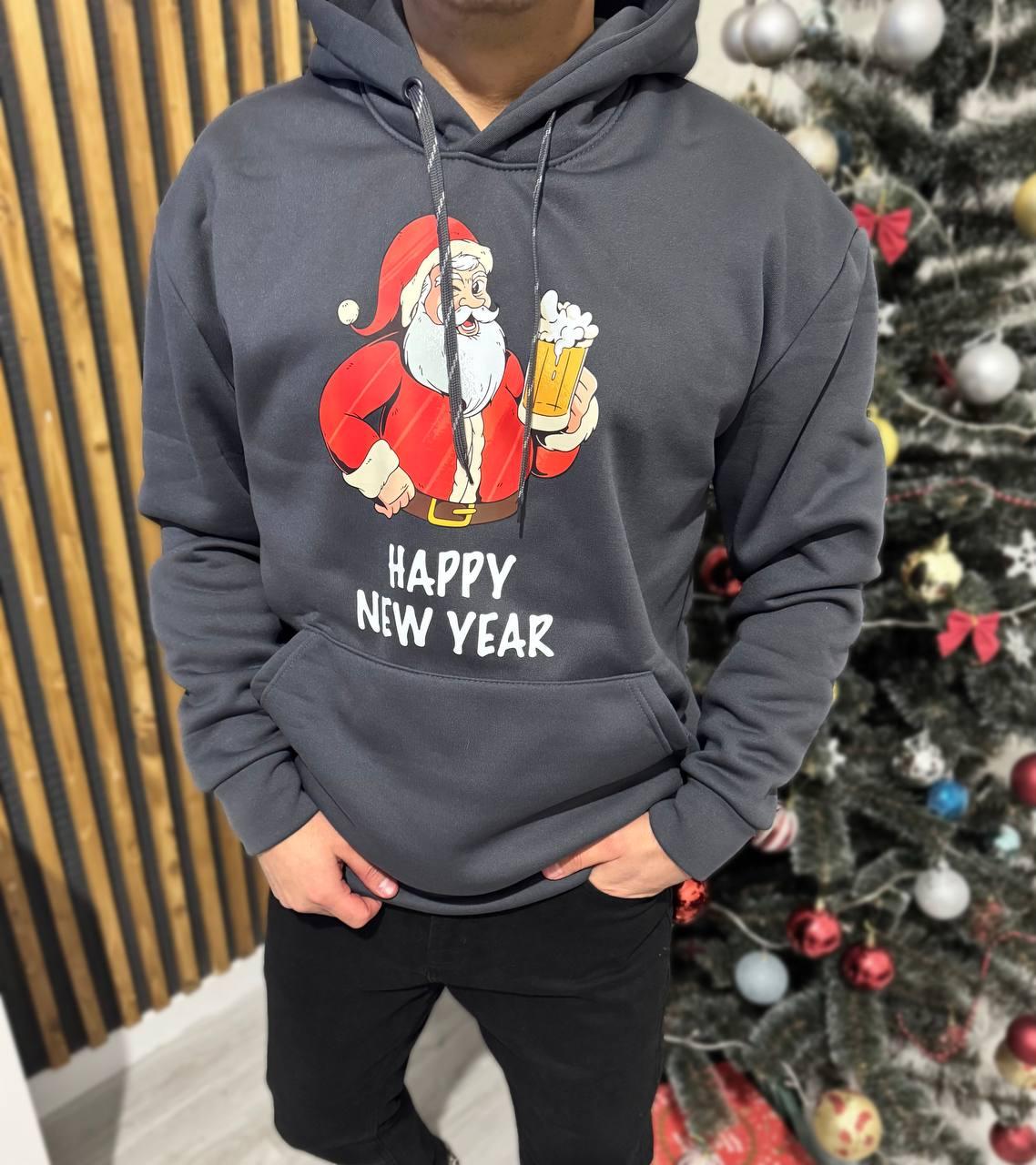 Худі новорічний Happy New Year чоловіче флісове всесезонне актуальне з капюшоном для навчання та прогулянок