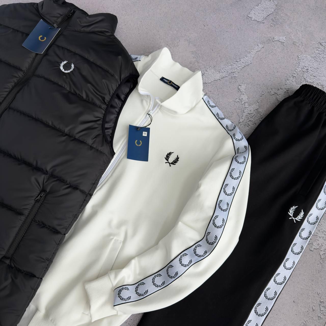 Набор Fred Perry жилет черный кофта молочна штаны черные лампас двунитка демисезонный трендовый комплект