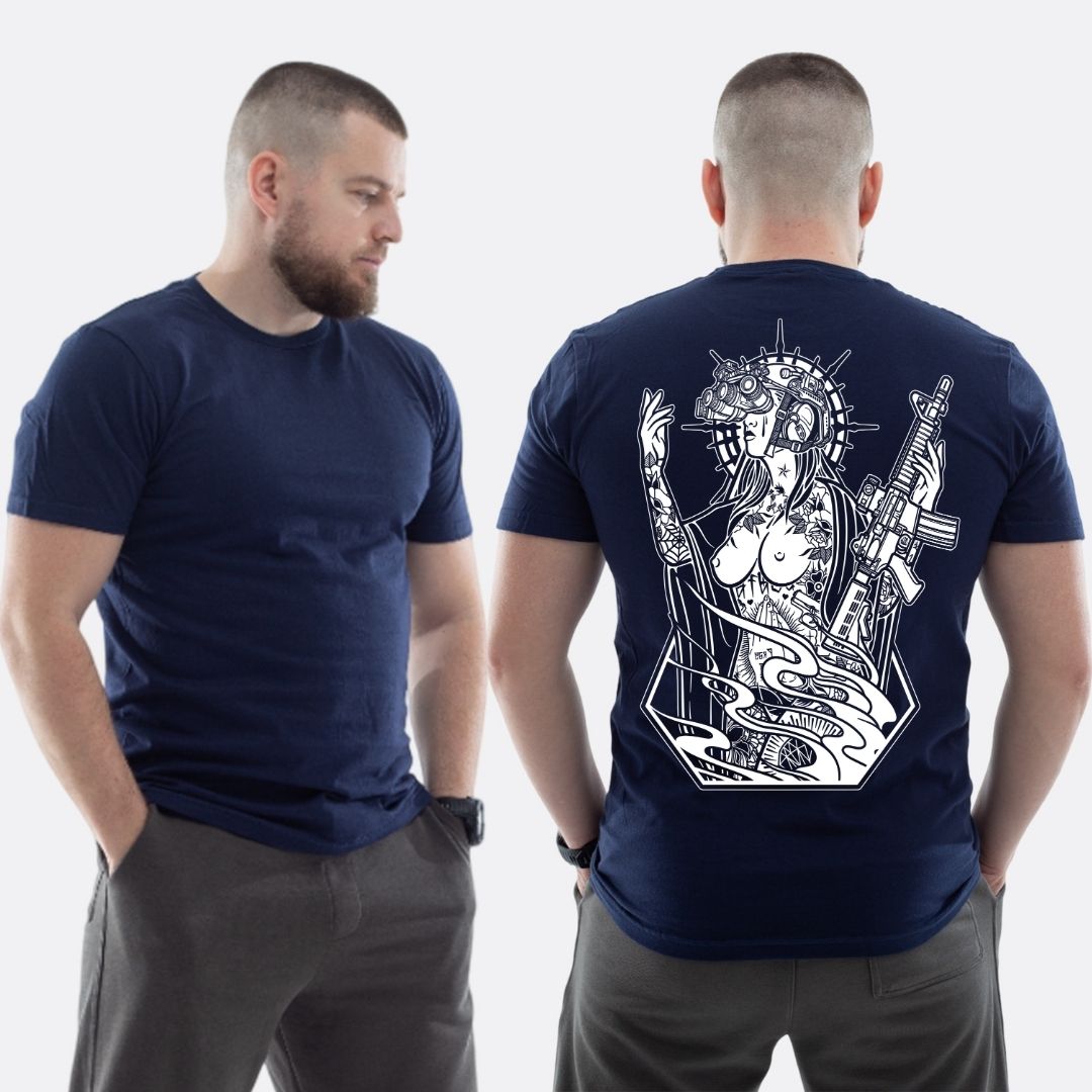 Чоловіча класична футболка з принтом Sunset Goons дівчина з гвинтівкою та тепловізором свята , Темно синій
