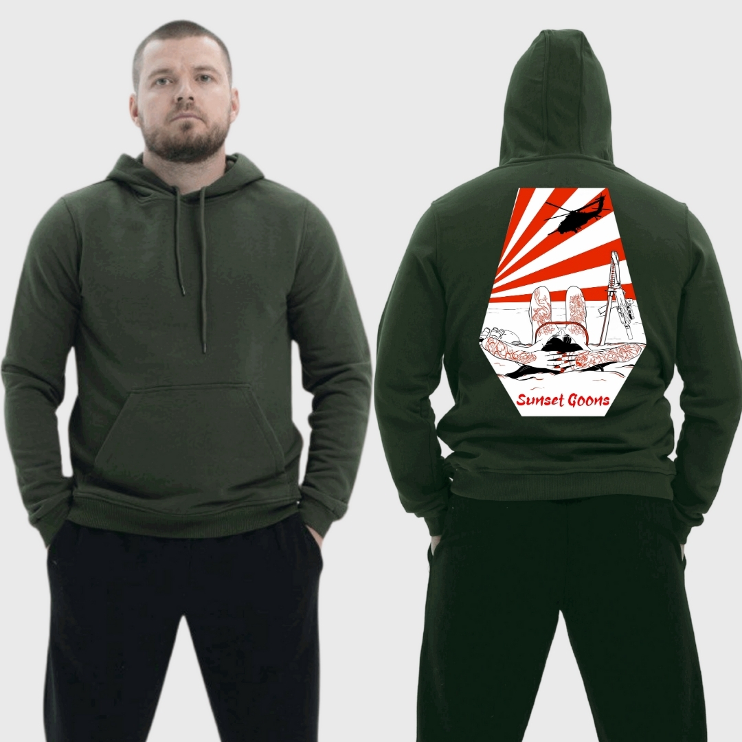 Чоловічий легкий худі з принтом Sunset Goons дівчина на пляжі гелікоптер вертоліт, Хакі