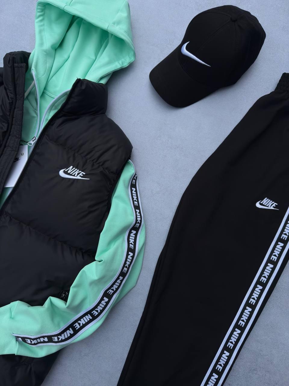 Набор Nike лампас жилет н мʼята зип худи штаны кепка унисекс бирюзовый плащевка всесезонный хлопковый комплект