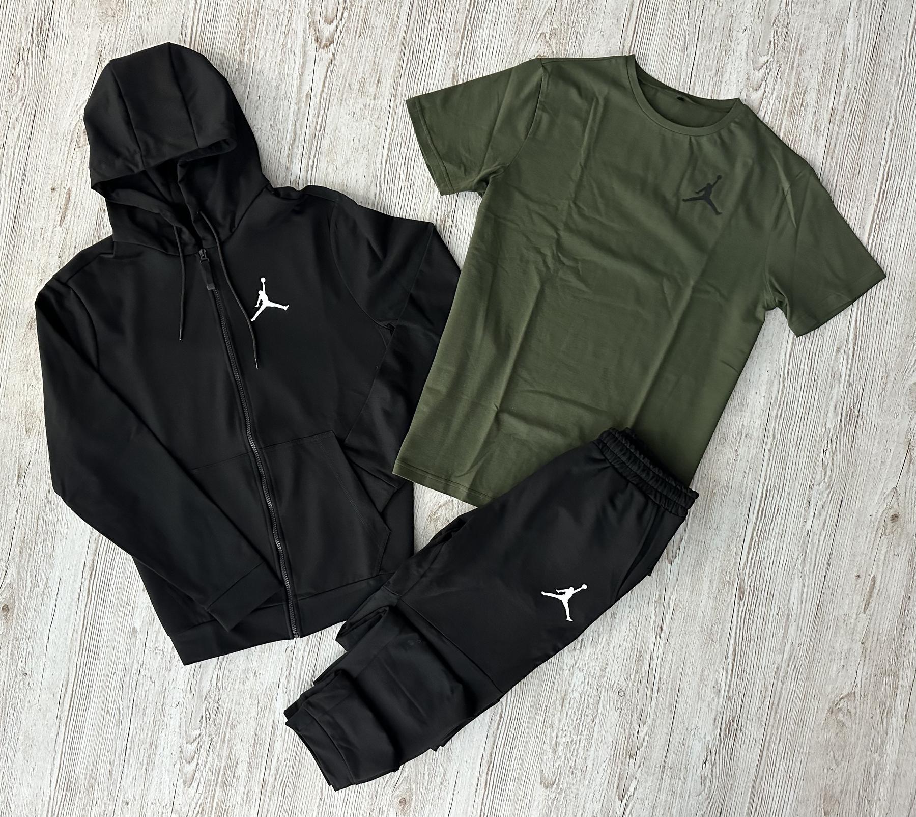 Демисезонный спортивный костюм Jordan черная кофта на молнии + штаны (двонитка) + Футболка хаки Jordan +