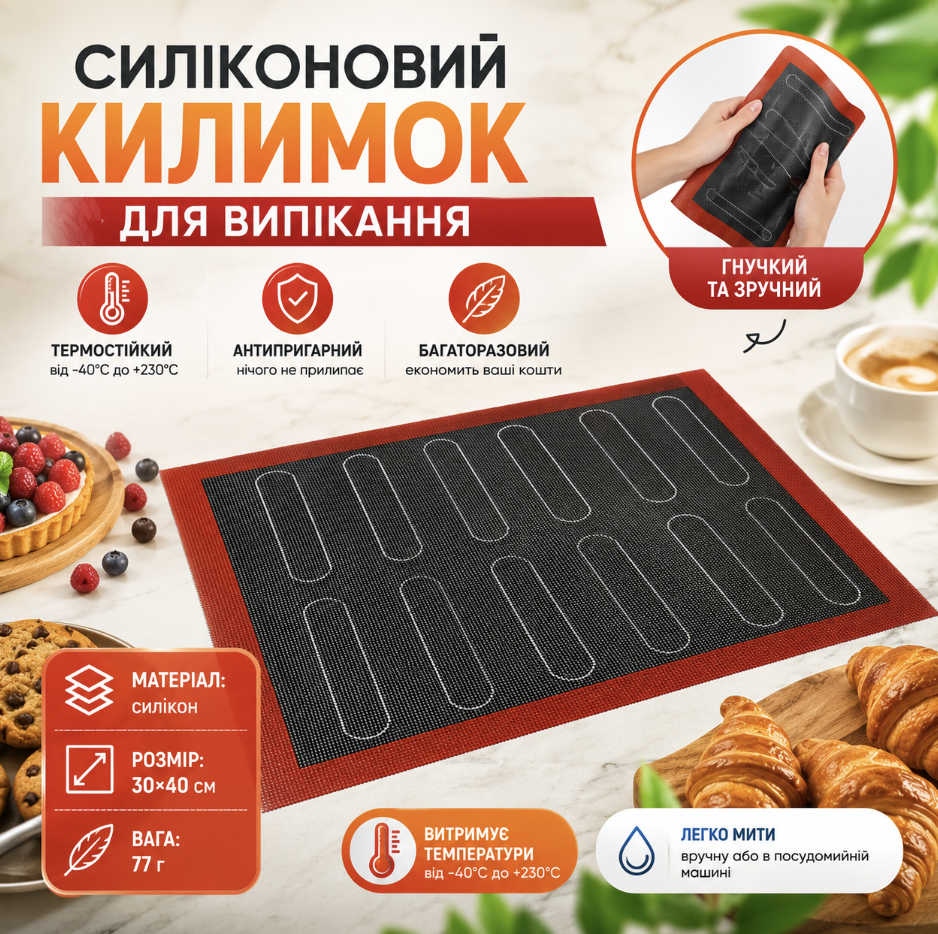 Антипригарний силіконовий килимок для кухні та духовки, термостійка підкладка для випікання, запікання, роботи з тістом