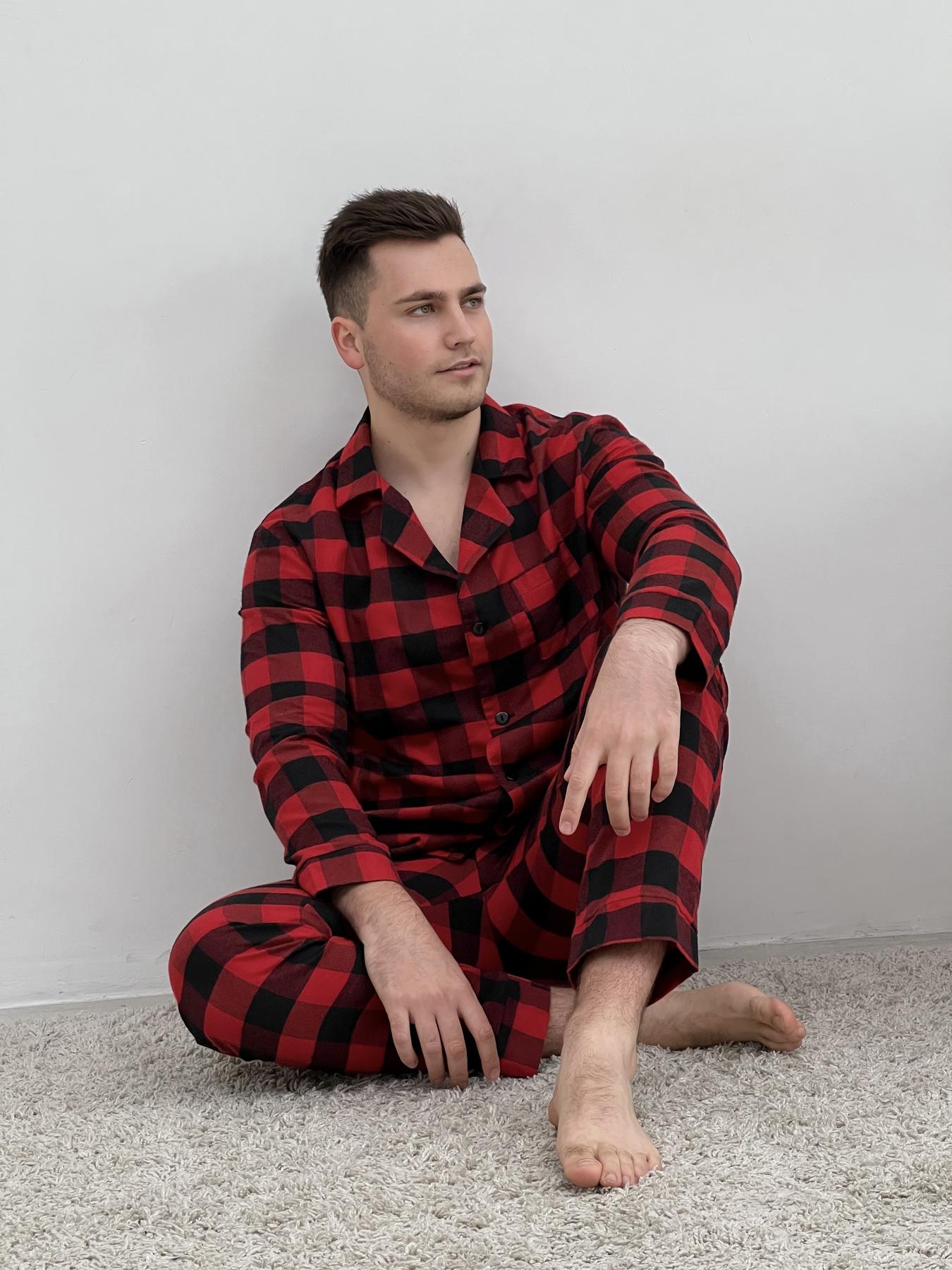 Піжама чоловіча COSY з фланелі (штани+сорочка) клітина червоно/чорна - фото 4