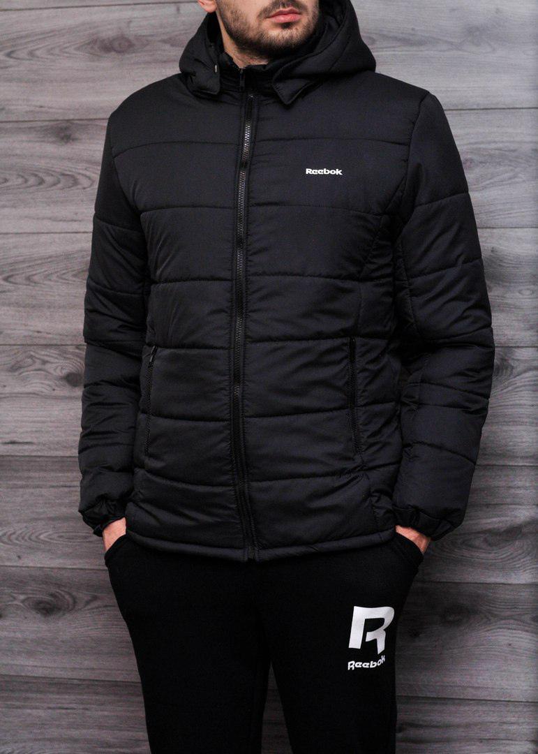 Куртка Reebok Windproof мужская флисовая черная зимняя трендовая на холлофайбере укороченная верхняя одежда