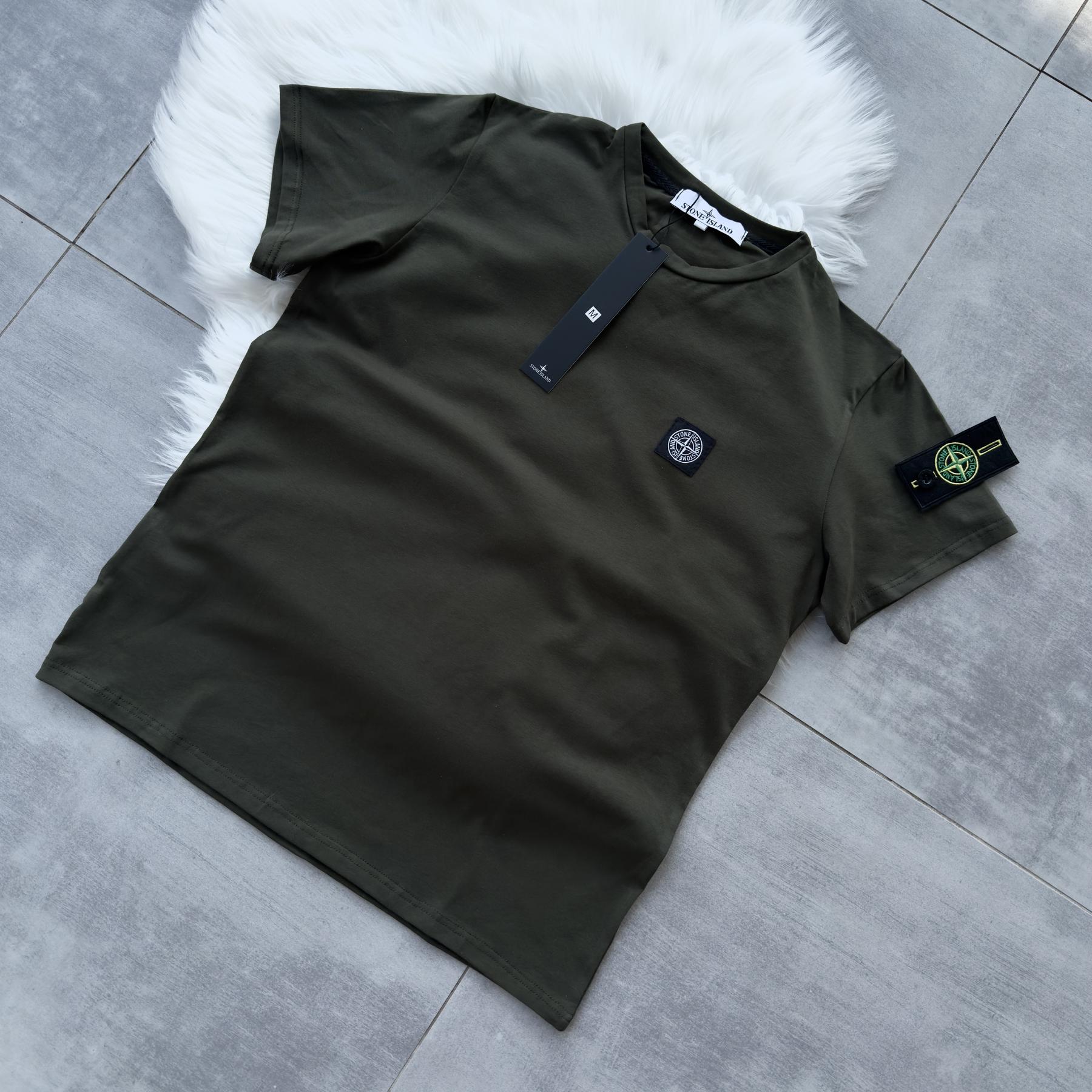 Футболка Stone Island унісекс бавовняна кольору хакі літня спортивна з коротким рукавом прямого крою теніска