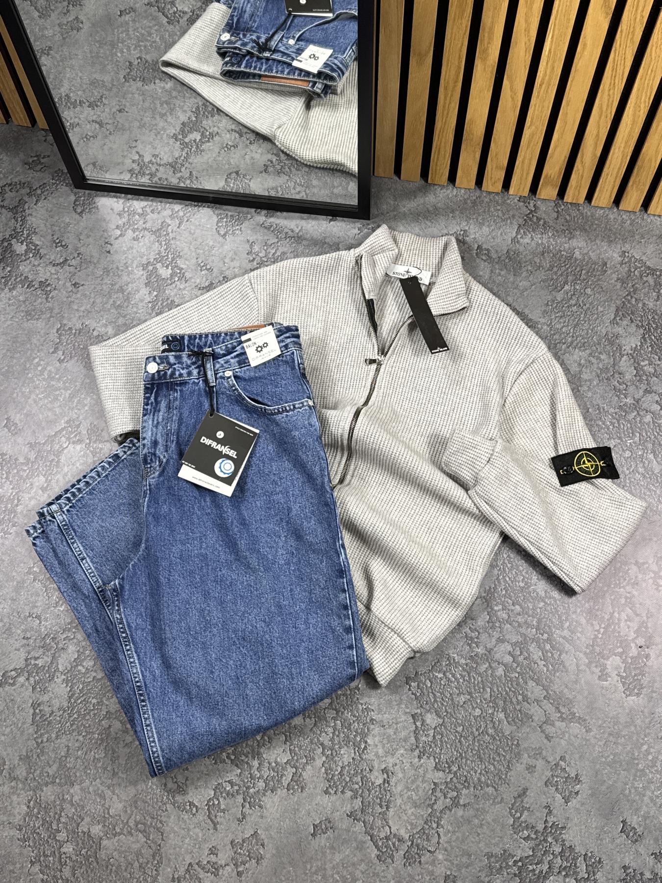 Комплект Кофта в'язана Stone Island + Джинси Jogger бежевий демісезонний актуальний та базовий костюм