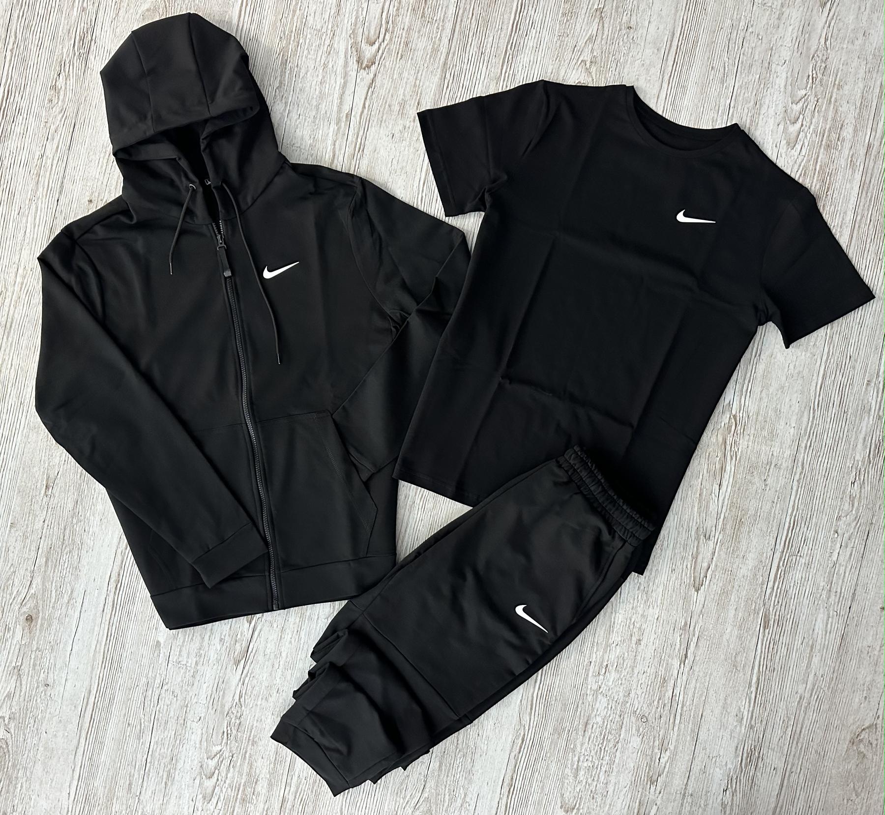 Демисезонный спортивный костюм Nike черная кофта на молнии + штаны (двонитка) + Футболка черная Nike +