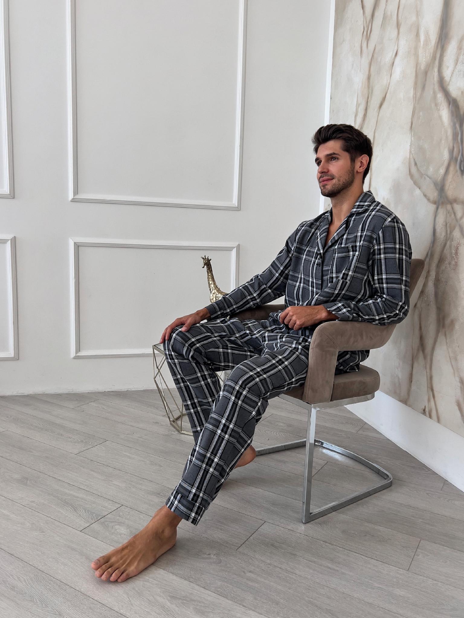 Чоловіча фланелева піжама COSY з сорочкою на гудзиках 2XL у сіро/білу клітинку (P-F176P)