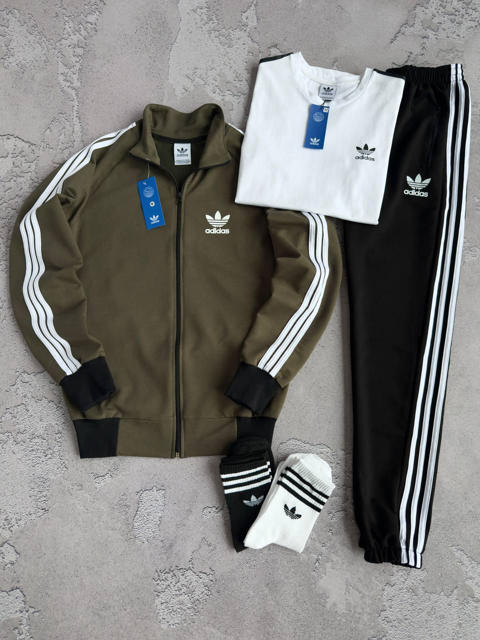 Набор Adidas кофта хаки штаны черные футболка белая хлопковый всесезонный прикольный подарок другу комплект