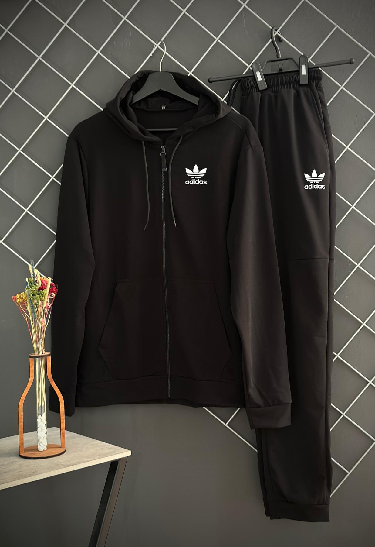 Комплект Adidas чорна кофта на змійці+ штани + футболка 1шт + шорти + панама 1шт + шкарпетки (2пари чорні та білі) унісекс