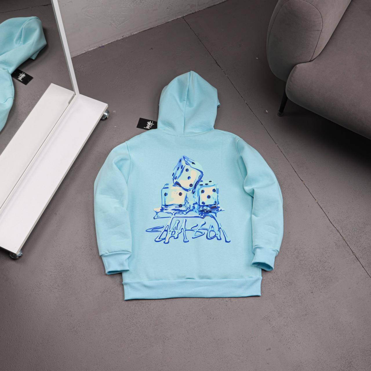 Худи бирюза STUSSY-ICE флис мужское всесезонное качественное и практичное с капюшоном для города
