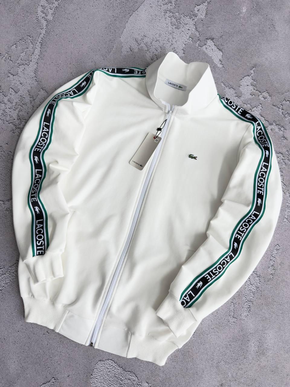 Кофта Lacoste молочна унисекс хлопковая всесезонная модная и качественная на молнии на прогулку реглан джемпер