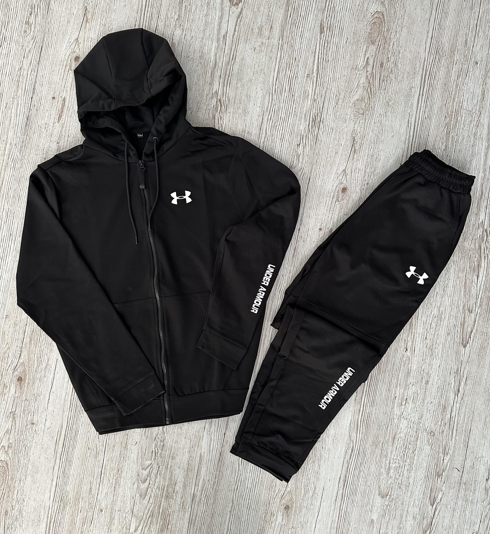 Демисезонный спортивный костюм Under Armour черная кофта на молнии + штаны (двонитка) + Футболка черная Under