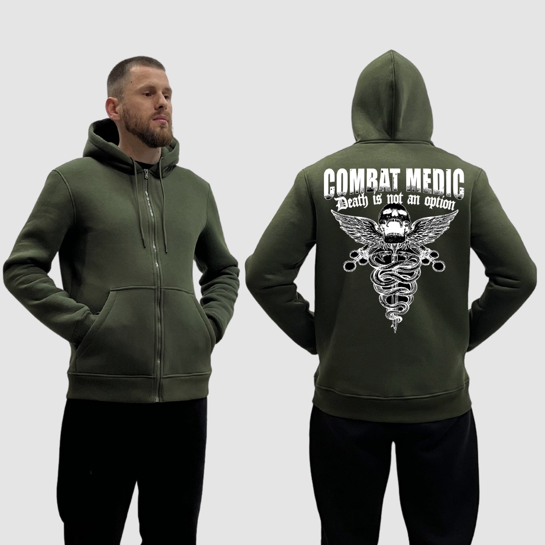 Чоловічий зіп-худі на флісі з принтом Combat medic череп герб медицини, Хакі