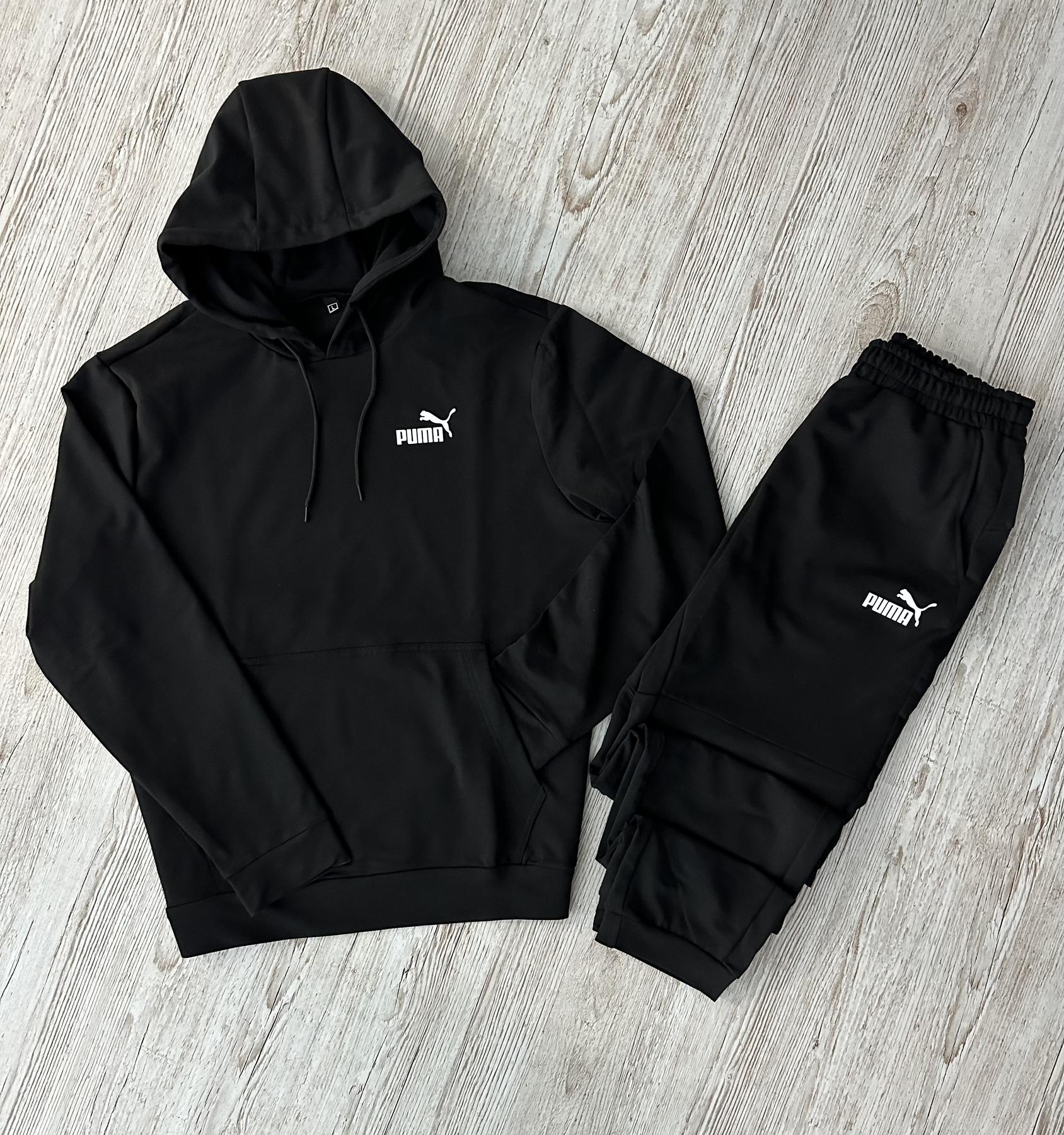 Демисезонный спортивный костюм Puma черный худи + штаны (двонитка) + Футболка хаки Puma мужской двунитка
