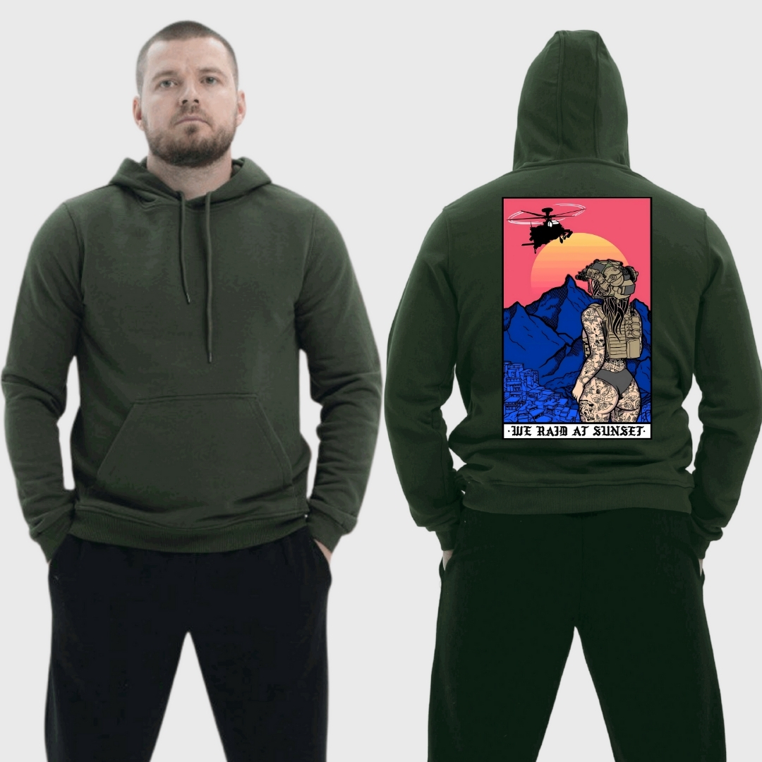 Чоловічий легкий худі з принтом Sunset Goons дівчина рейд на заході сонця гелікоптер, Хакі