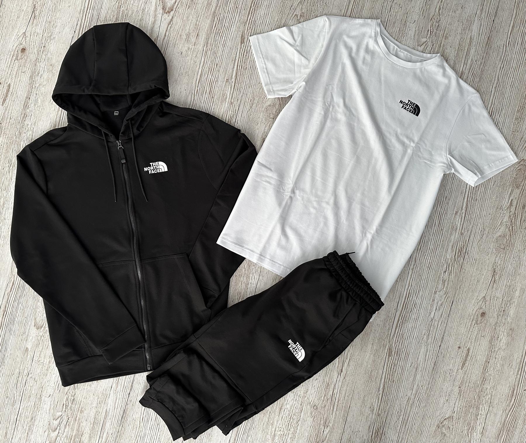 Демисезонный спортивный костюм The North Face черная кофта на молнии + штаны (двонитка) + Футболка белая The