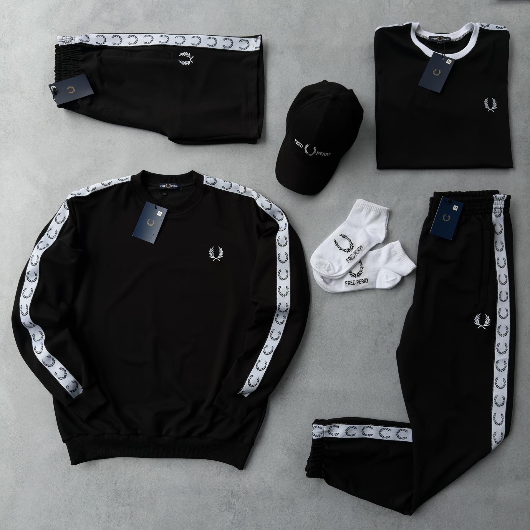 Набор 7в1 Fred Perry свитшот штаны футболка кепка унисекс хлопковый черный всесезонный с вышивкой комплект