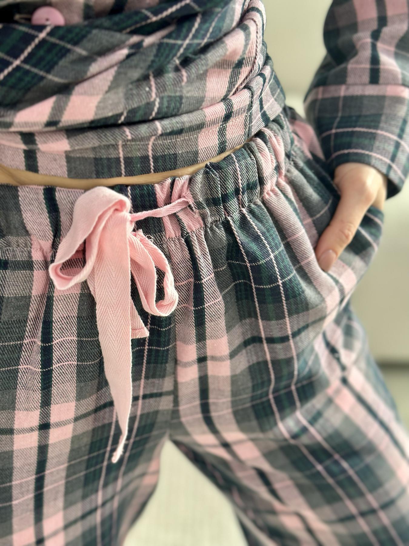 Домашня жіноча піжама COSY у клітинку рожево-сіра (сорочка+штани) - фото 7