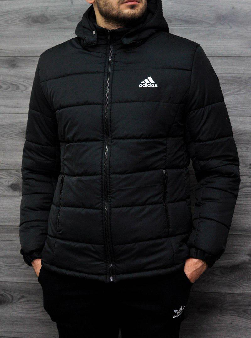 Куртка Adidas Windproof мужская флисовая черная зимняя повседневная на холлофайбере укороченная верхняя одежда