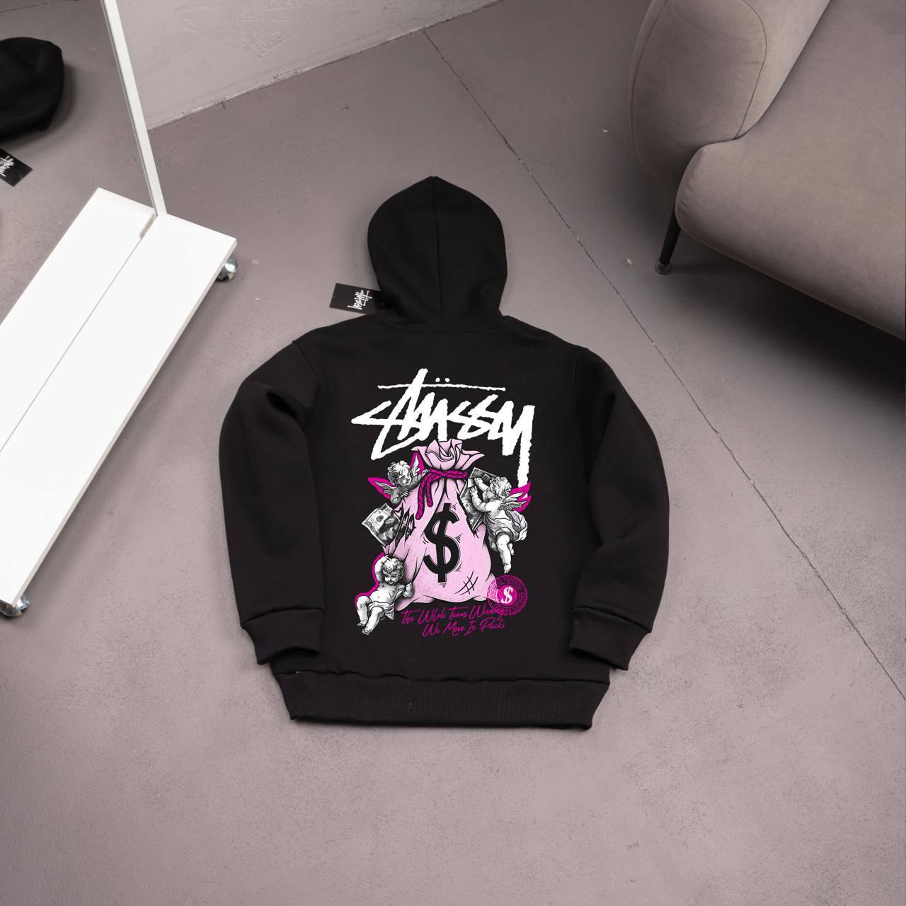 Худи STUSSY-MONEY флис мужское черное всесезонное модное утепленное с капюшоном для путешествий