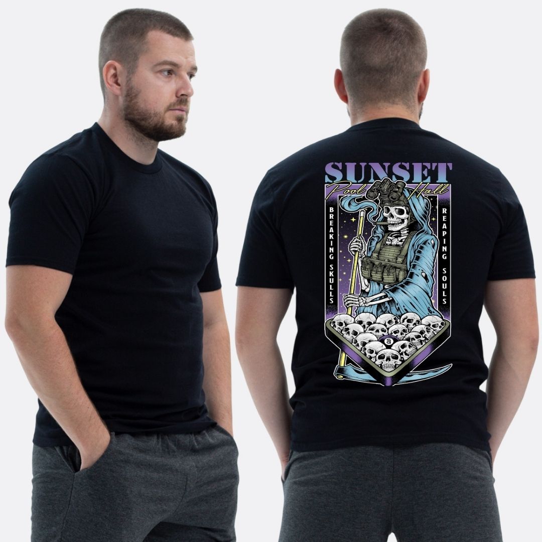 Чоловіча класична футболка з принтом Sunset Goons смерть грає на більярді , Чорний