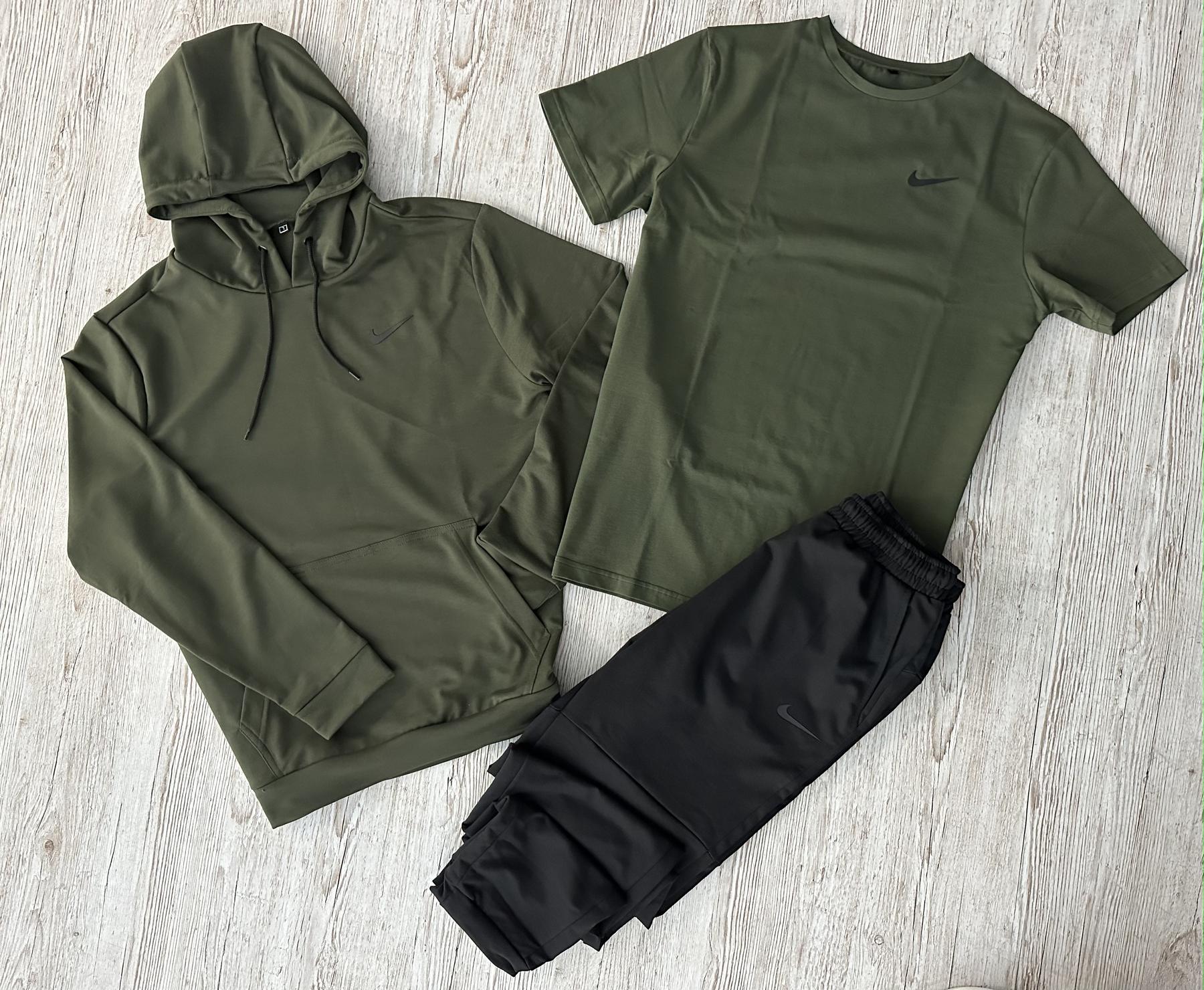 Демисезонный спортивный костюм Nike худи хаки + штаны (двонитка) + Футболка хаки Nike + Жилетка + Носки 2
