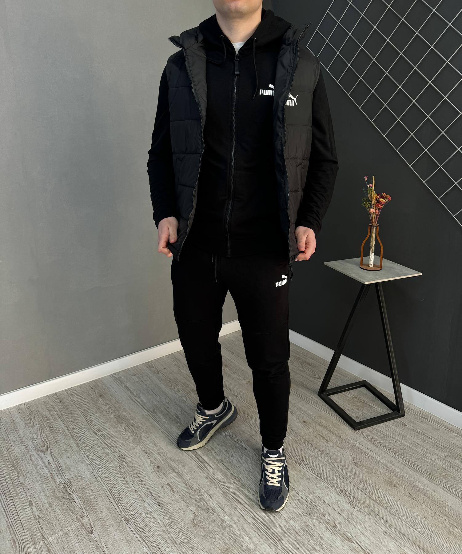 Демісезонний костюм на змійці + жилетка Puma чоловічий чорний плащівка модний та практичний з капюшоном комплект