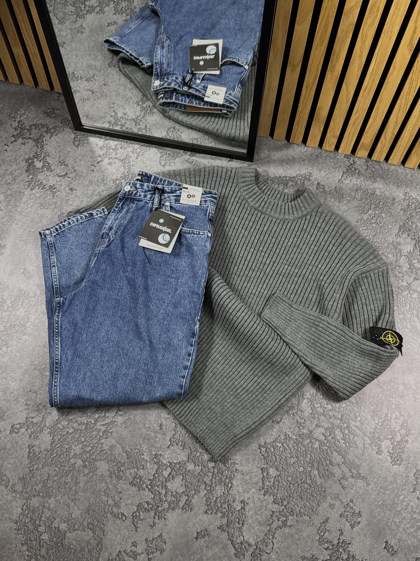 Комплект Свитшот вязаный Stone Island + Джинсы Jogger серый демисезонный удобный и модный на подарок костюм