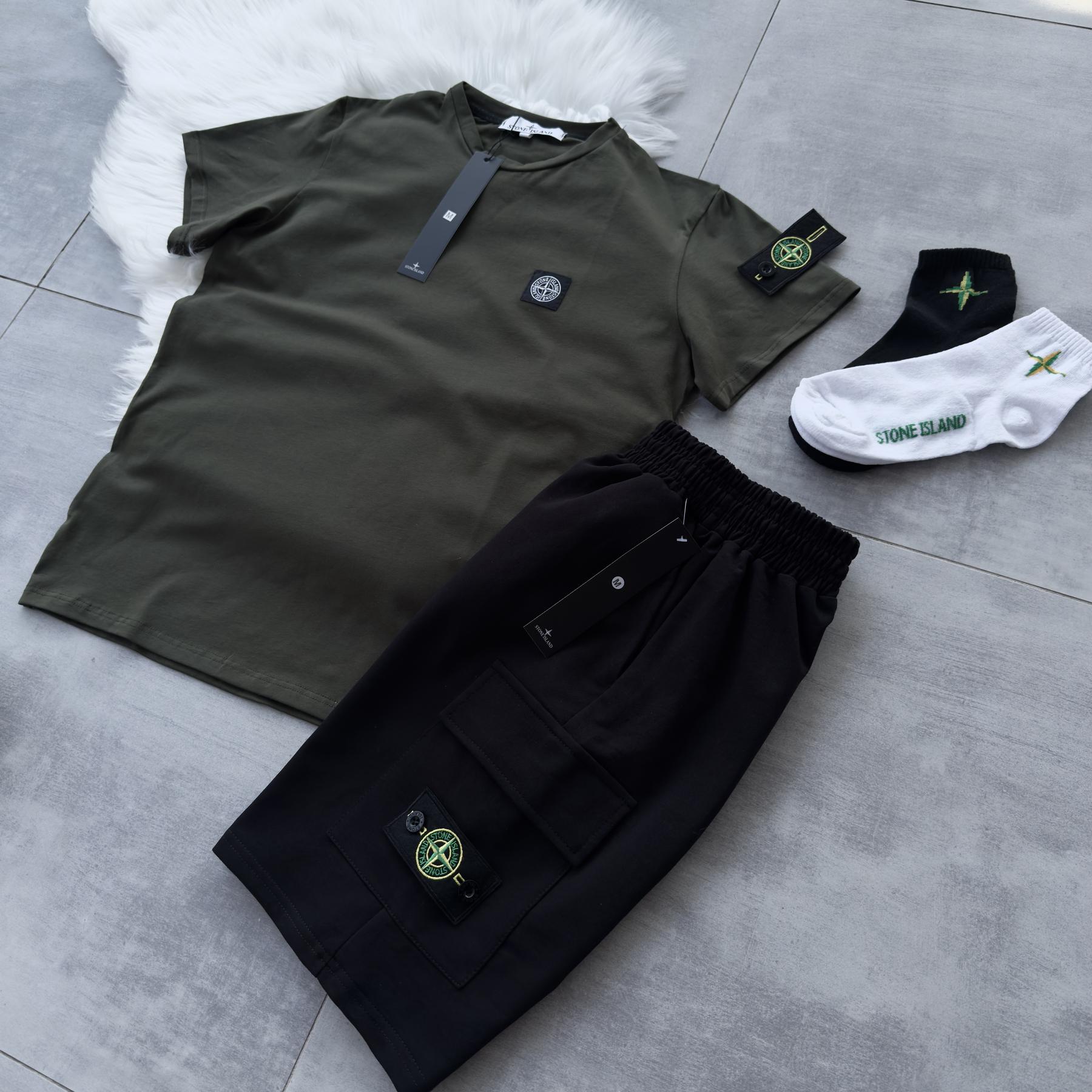 Набор Stone Island футболка хаки шорты черные унисекс хлопковый летний стильный и прикольный для дома комплект