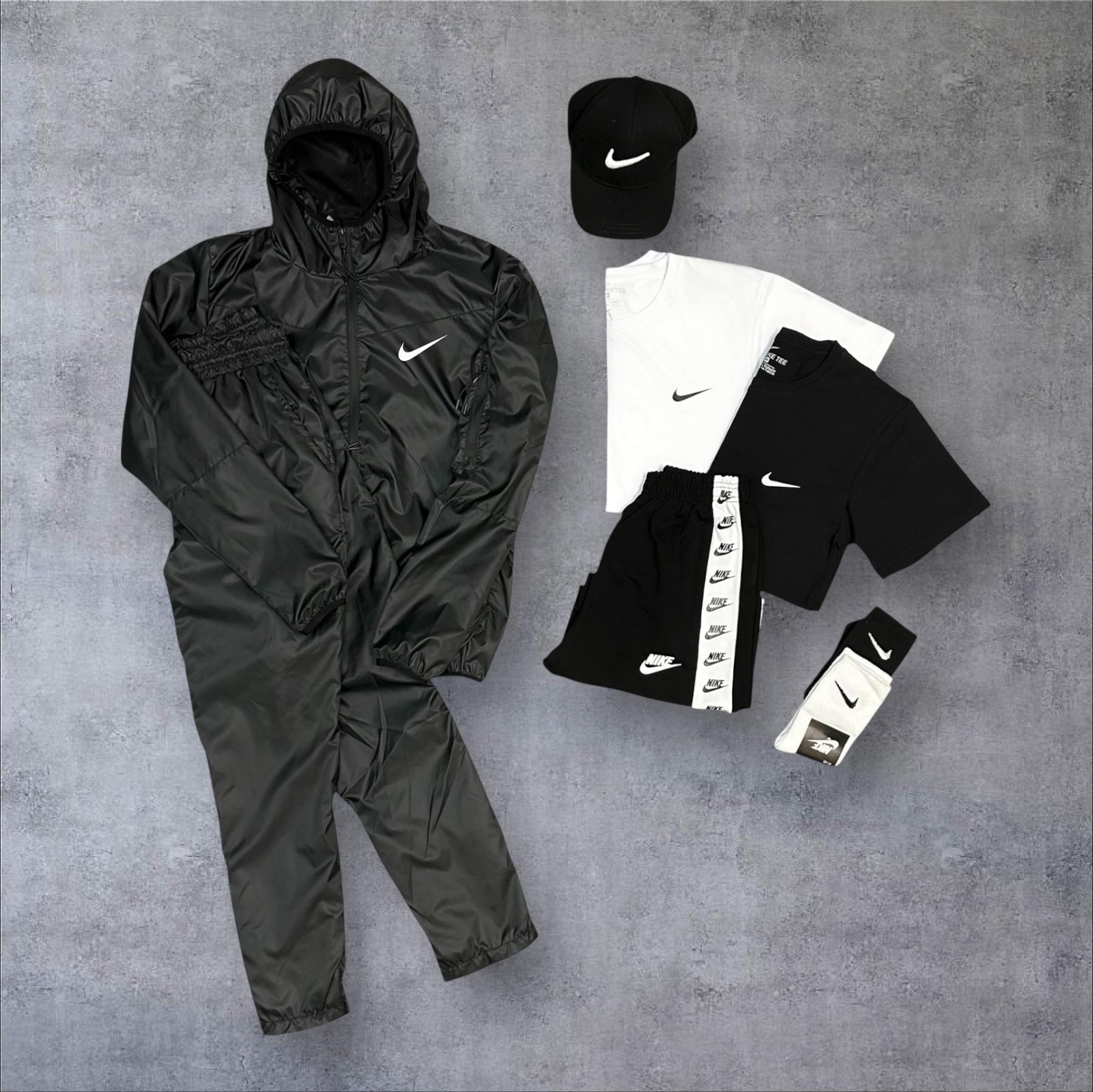 Спортивний костюм Nike + футболка + футболка + кепка + шорти в подарунок + шкарпетки в подарунок чорний плащівка демісезонний