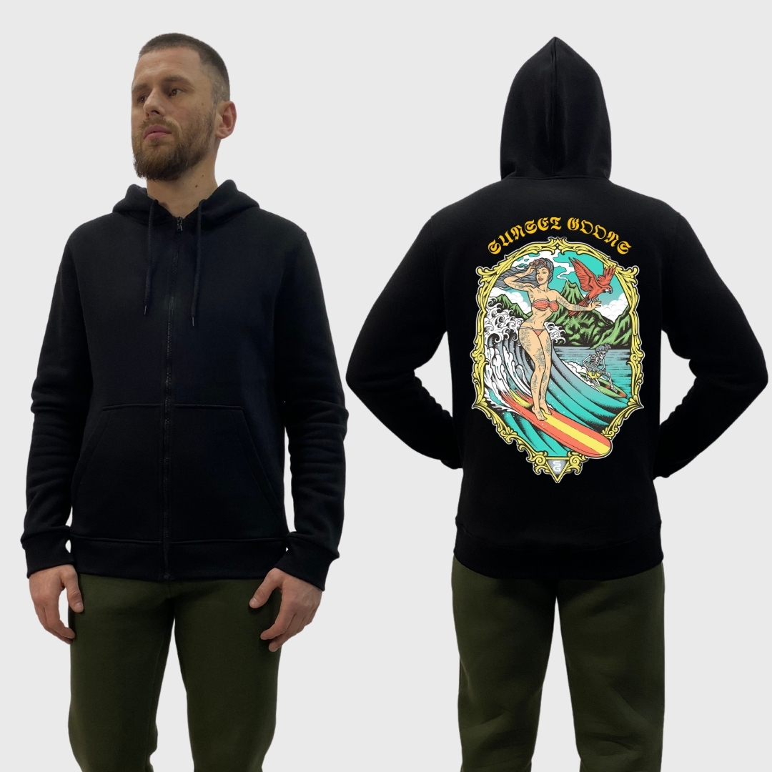 Чоловічий зіп-худі на флісі з принтом Sunset Goons дівчина на серфінгу, Чорний