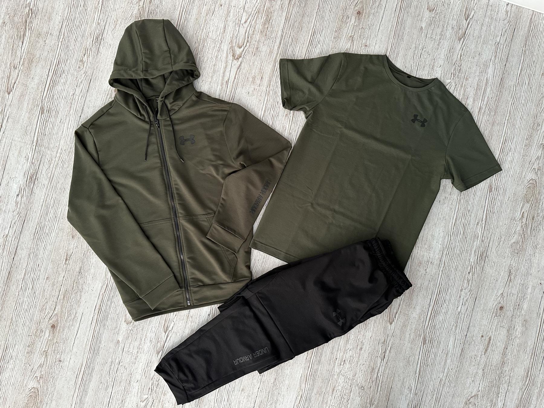 Демисезонный спортивный костюм Under Armour кофта на молнии хаки + штаны (двонитка) + Футболка хаки Under