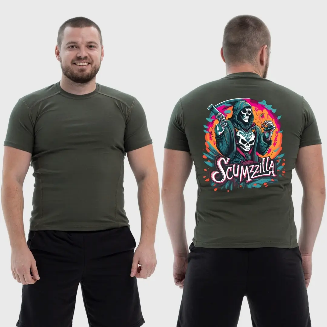 Чоловіча тактична футболка з принтом Scumzilla скелет у балахоні кольоровий арт, Хакі