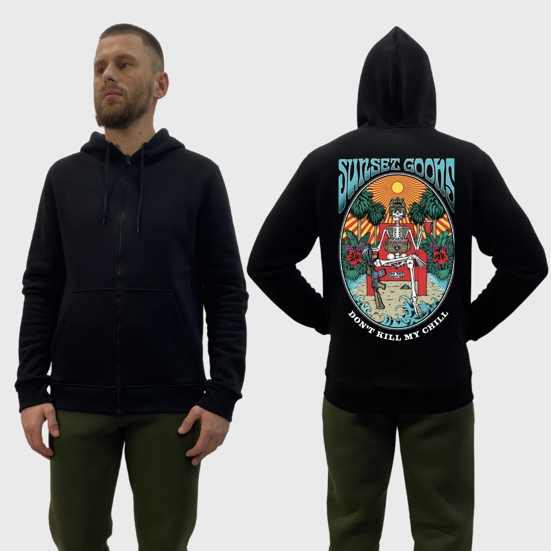 Чоловічий зіп-худі на флісі з принтом Sunset Goons скелет на троні джунглі, Чорний