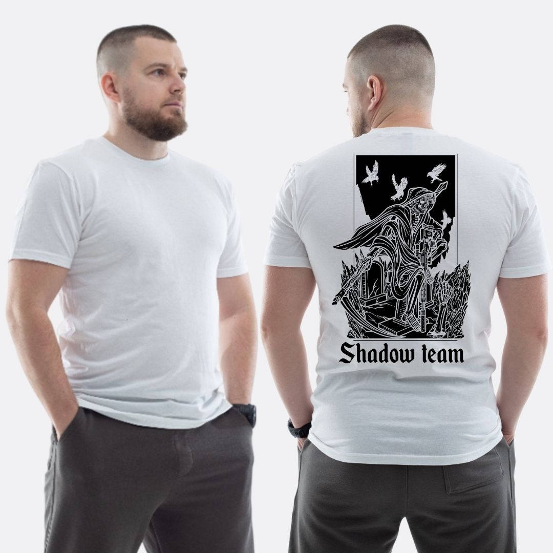 Чоловіча класична футболка з принтом Shadow team скелет смерть на кладовищі , Білий
