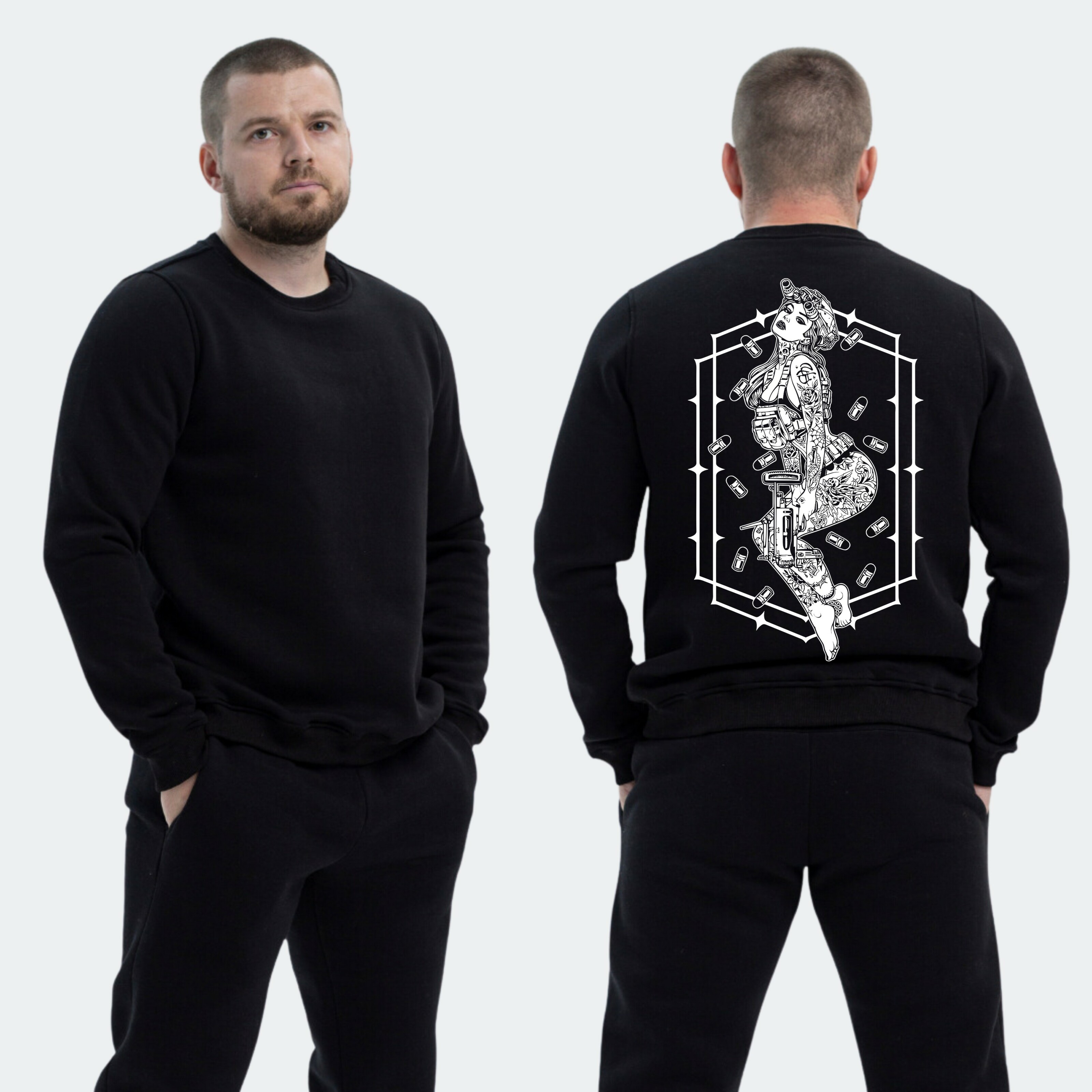 Чоловічий світшот на флісі з принтом Sunset Goons дівчина навколо летять кулі, Чорний