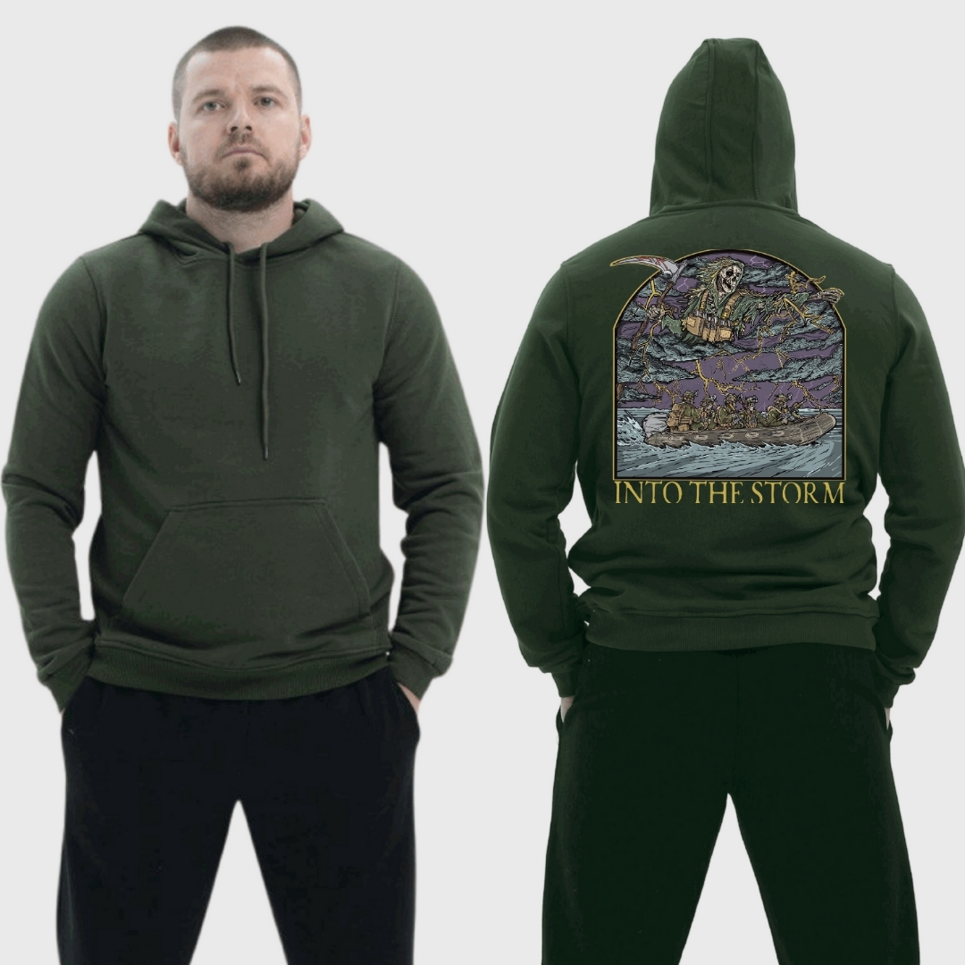 Чоловічий легкий худі з принтом Sunset Goons Into the storm морська піхота скелети у човні смерть з косою, Хакі