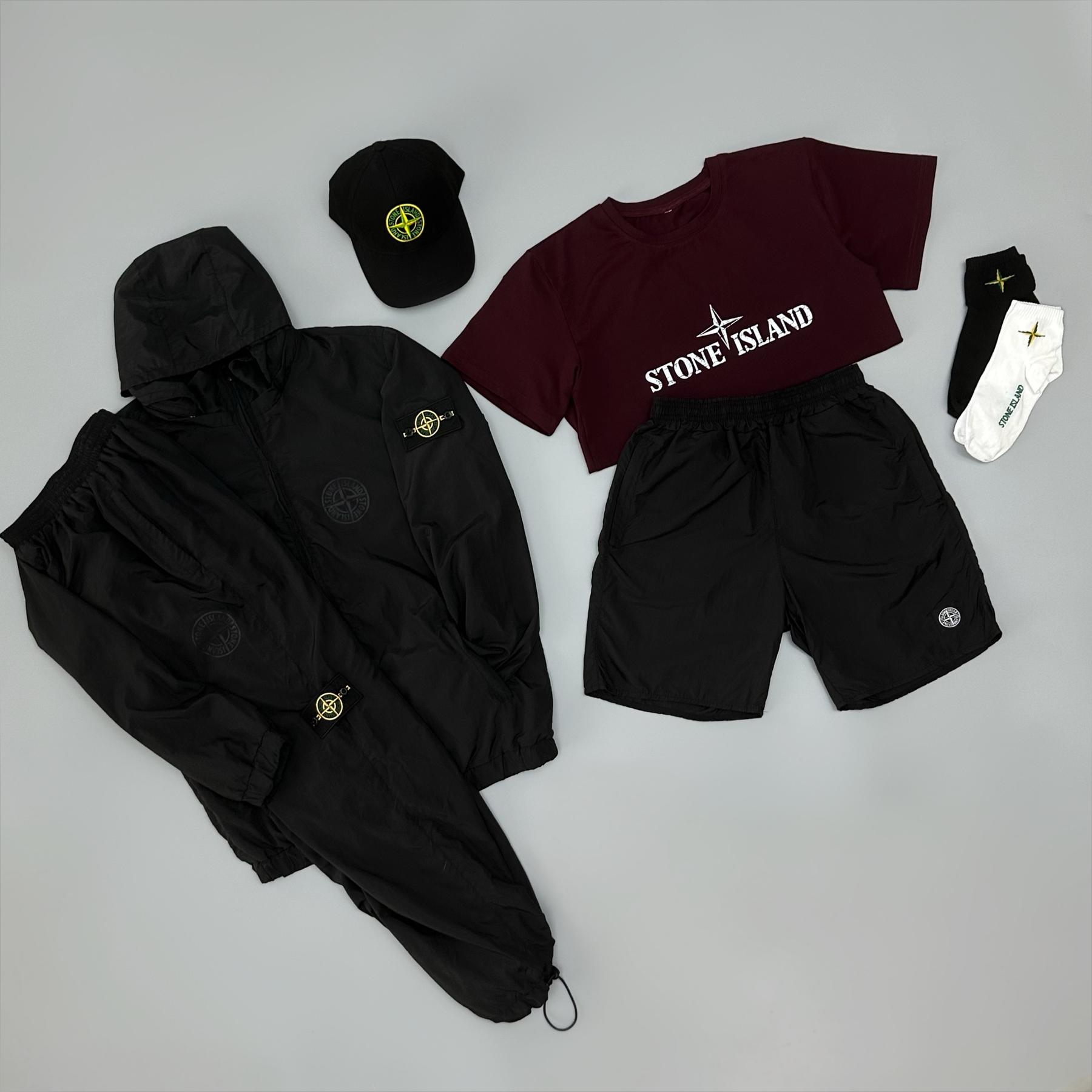 Костюм с плащевки Stone Island + футболка бордо + кепка + носки + шорты с плащевки демисезонный с вышивкой