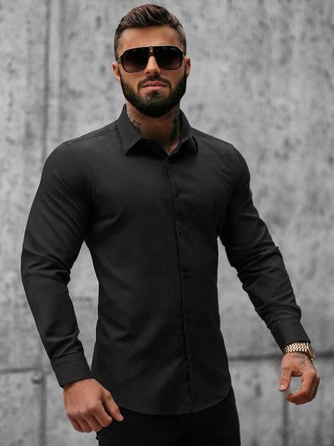 Рубашка (Slim Fit) мужская хлопковая черная стильная и базовая на прогулку