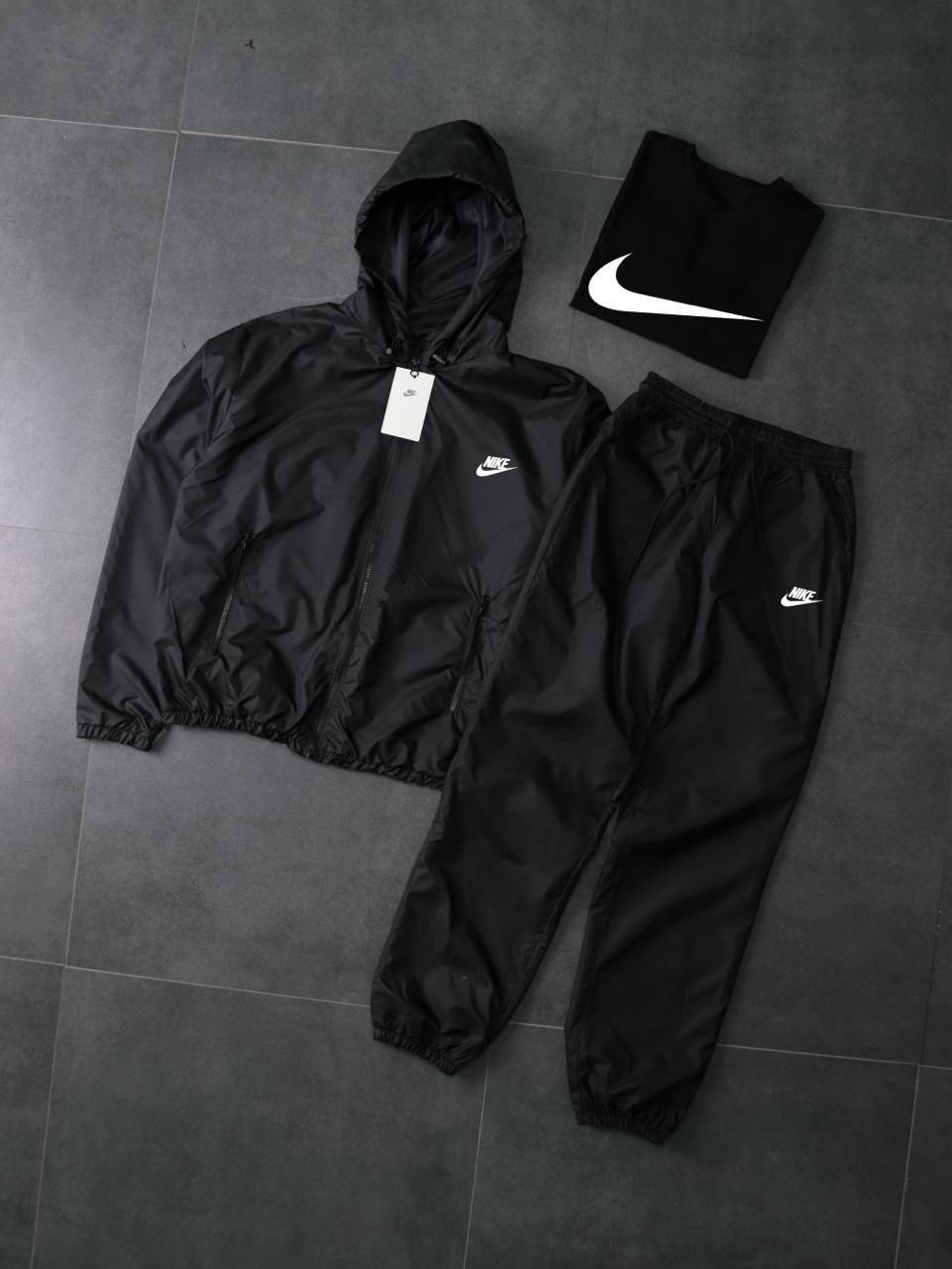 Костюм чорний з плащівки Вітровка+Штани +Футболка чорна Nike-мал демісезонний зручний та молодіжний комплект