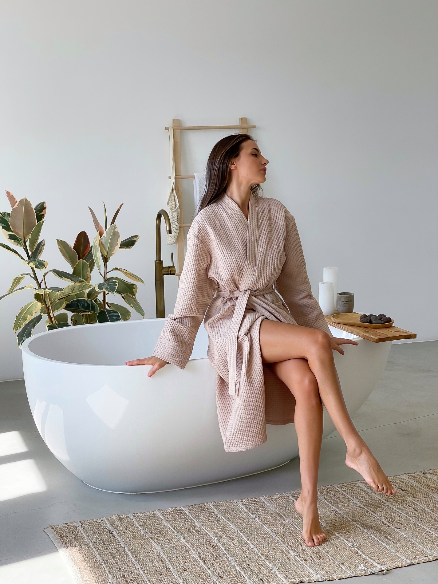 Жіночий вафельний халат COSY довгий бежевий - фото 8
