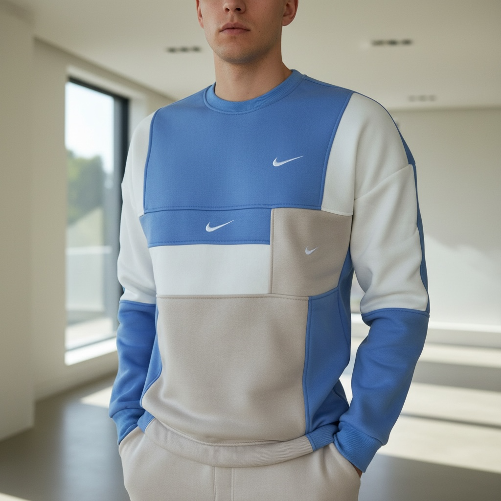 Свитшот Nike триколор мужской голубой трехнитка всесезонный практичный теплый с вышивкой кофта без капюшона